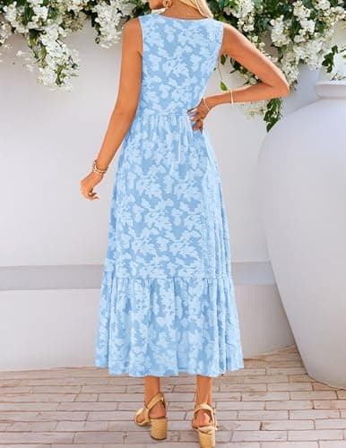 ZESICA Women‘s Summer Floral Bridal Shower Midi Dress Sun Dresses for Women 2026 Vacation Casual Flowy Sundress Light Blue S - Thumbnail 3