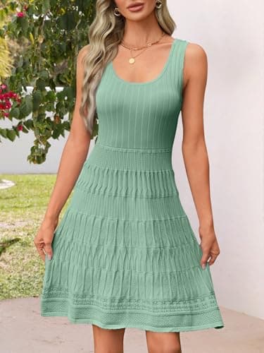 MEROKEETY Women's Summer Sleeveless Mini Dress 2025 Casual Crewneck Crochet A Line Flowy Tank Sundress, PeaGreen, X-Large - Thumbnail 3