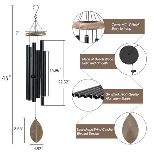 Wind Chimes Outside Deep Tone, 45 in WindChimes Large with 6 Heavy Tubes, Large Deep Tone Wind Chime Outdoor for Garden Hanging Décor,Sympathy Gifts, Black - Thumbnail 6