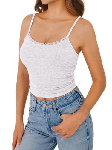 GKBK Spaghetti Strap Tank Top Womens Scoop Neck Lace Tank Ribbed Knit Slim Fitted Y2k Going Out Camisole Shirts Sleeveless Summer Tops Light Gray S - Thumbnail 2