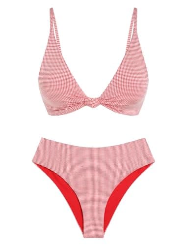 ZAFUL Women's High Waisted Bikini Sets Textured 2 Piece 2026 Bathing Suit Swim Suits Cheeky High Waisted High Leg Bikini Swimsuit Red Gingham S - Image 1