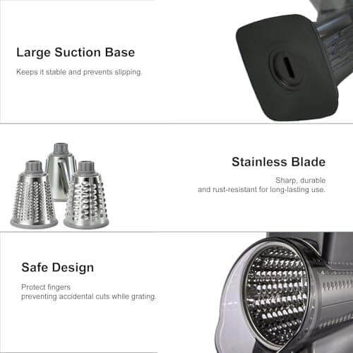 Spylandy Rotary Cheese Grater, 3-in-1 Manual Vegetable Slicer with Handle, Safer Kitchen Mandoline Shredder with Suction Base for Cheese, Nuts, Potatoes & Salads – Easy to Clean (Black) - Thumbnail 3