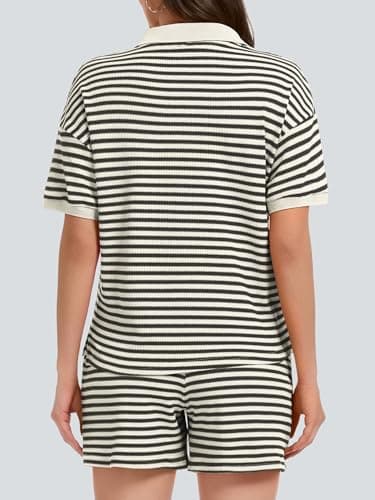 Casly Lamiit Two Piece Short Sets for Women 2026 Summer Casual Knit Outfits Short Sleeve V Neck Top Color Block Going Out Lounge Set with Pockets Black Beige L - Thumbnail 4