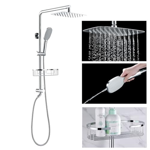 Rain Shower System with Shelf, 12 Inch Rain Shower Head Set with Hand Shower Head, SonTiy Dual Shower Combo with Height Adjustable Holder, Brass Valve, Chrome - Image 1