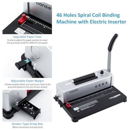 TIANSE Binding Machine, Spiral Coil Binder Machine, Manual Book Maker Punch Binder with Electric Coil Inserter,Suit for Letter Size / A4 / A5 with 100pcs 5/16'' Plastic Coil Binding Spines & Plier - Thumbnail 4