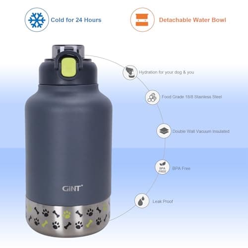 GiNT 37oz Insulated Stainless Steel Dog & Human Water Bottle | Leakproof Travel Dispenser with Detachable 10oz Bowl, 24H Cold/12H Hot, Carrying Case for Walking, Hiking, Camping & Outdoor Travel - Thumbnail 6
