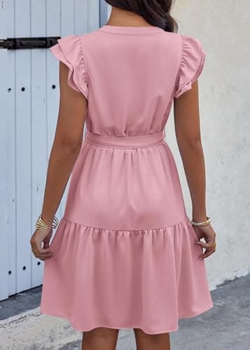 KIRUNDO Summer Dresses for Women 2026 Spring Flutter Sleeve V Neck Ruffle Flowy Tiered Knee Length Beach Vacation Sundress(Pink, Small) - Thumbnail 2