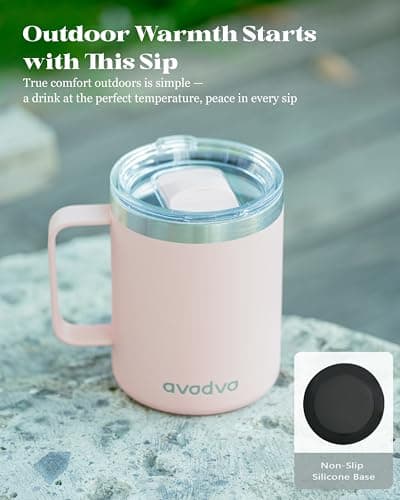 avodvo 12oz Insulated Coffee Mug with Lid – Includes Two Lids, Stainless Steel Coffee Travel Mug with Handle, Double Wall Vacuum Insulated Camping Mug for Home, Office & Outdoor, Light Pink - Thumbnail 6