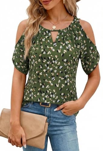 Women Cold Shoulder Tops Casual Summer Short Sleeve Crew Neck Dressy Work Blouses Dot Pints Chiffon Tunic Shirts GF XL - Image 1