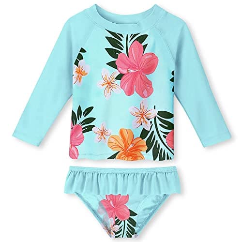 Funnycokid Girls Rashguard Swimsuit Size 6 7 Long Sleeve Bathing Suit 2 Piece Floral Swimwear Rash Guard Set Sun Protection Quick Dry Kids 6-7 Years - Image 1