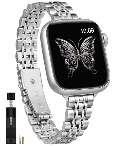 Moolia Slim Metal Band Compatible with Apple Watch Band 46/45/44/42/49mm Elegant Luxury Women Replacement Bracelet for iWatch Series 11 10 9 8 7 6 5 4 3 2 1 SE/Ultra(1/2/3), Silver - Image 1