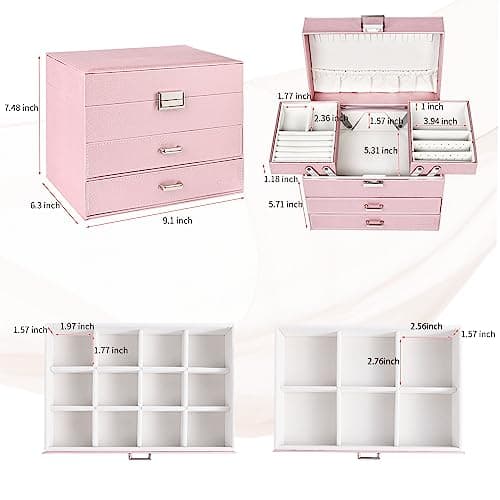 Dajasan Jewelry Boxes for Women Girls, Jewelry Storage Organizer, 4 Layers Large Jewelry Organizer Box with 2 Drawers for Friends, Wife or Mother Gift (Pink) - Thumbnail 3