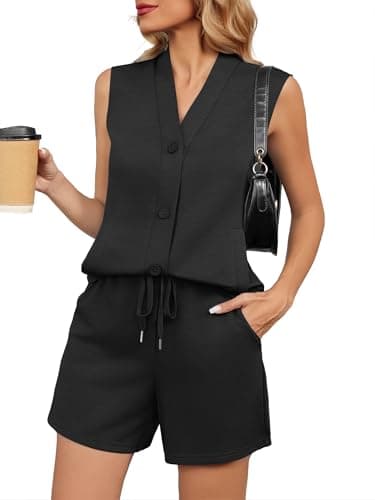 Casly Lamiit Womens 2 Piece Sets Summer Airport Travel Outfits Casual Beach Vacation Sleeveless V Neck Vest Matching Shorts Set with Pockets Black L - Image 1