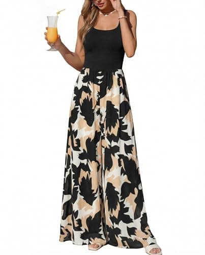 KIRUNDO Jumpsuits for Women Dressy 2026 Summer One Piece Sleeveless Boho Floral Wide Leg Romper Beach Vacation Cruise Outfits(Black, Small) - Image 1