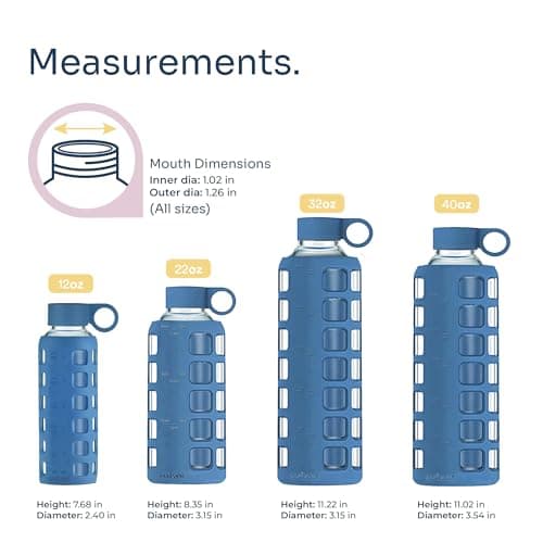 purifyou 40oz / 32oz / 22oz / 12oz Borosilicate Glass Water Bottle with Time & Volume Markers, Silicone Sleeve, Stainless Steel Lid – Reusable Glass Bottle for Water & Juice (32oz Chinese Porcelain) - Thumbnail 2