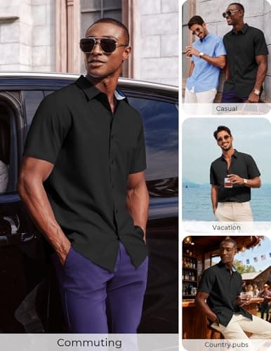 PJ PAUL JONES Mens Short Sleeve Button Down Shirts Wrinkle Free Untrucked Dress Shirts for Men Stretch Collared Shirt Solid Regular Fit Black - Thumbnail 4