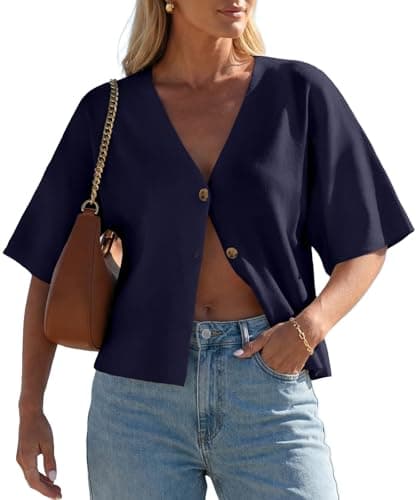 GRECERELLE Women's Summer Lightweight Short Sleeve Cardigans V Neck Casual Knit Button Down Sweater for Work or Vacation, Navy Blue, L - Image 1