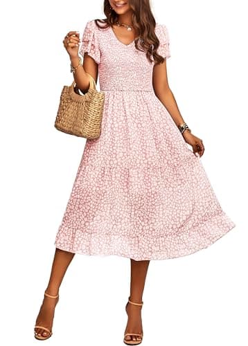 BTFBM Women Casual Summer Short Ruffles Tiered Sleeve Smocked Midi Dresses Bohemian Floral V Neck Wedding Guest Long Dresses(Floral Pink,XX-Large) - Image 1