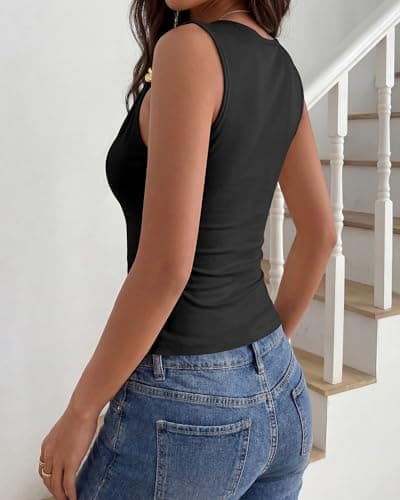 BTFBM Spring Tops for Women 2026 Asymmetrical Neck Sleeveless Going Out Summer Outfits Casual Ruched Y2k Tank Top Clothes(Black, Medium) - Thumbnail 2