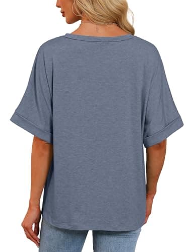 Womens Oversized T Shirts V Neck Loose Fit Shirts Short Sleeve Summer Casual Tops 2025 Trendy Blouses Y2K Plain Tees Grey-Blue M - Thumbnail 4