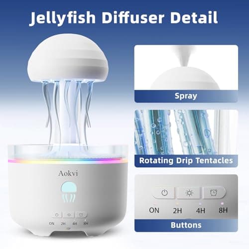 300ML Jellyfish Essential Oil Diffuser, Quiet Aromatherapy Mist Diffusers for Essential Oils, with 7 LED Color Changing Light and Auto-Off Switch, Suitable and Families Humidifiers for Bedroom（White） - Thumbnail 6