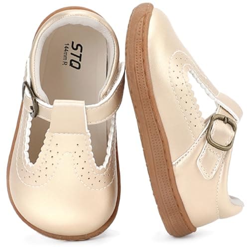 STQ Wide Toe Box Toddler Mary Jane Dress Shoes Zero Drop Girls Ballet Flats for Party School Uniform Shoe with Hook and Loops Gold Infant 4 - Image 1