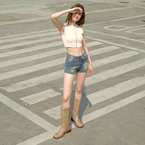 LeunDen Beige Banana Knee-High Boots for Women, Tall Riding Boots with Square Toe Low Chunky Heel Faux Leather Pull-On Campus Long Boots Size 7.5 - Thumbnail 6