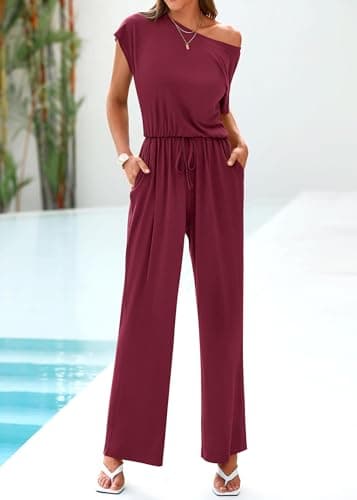 KIRUNDO Womens Jumpsuit 2026 Casual Summer Loose One Piece Off Shoulder Elastic Waist Wide Leg Long Romper with Pockets(Wine Red, X-Large) - Thumbnail 5