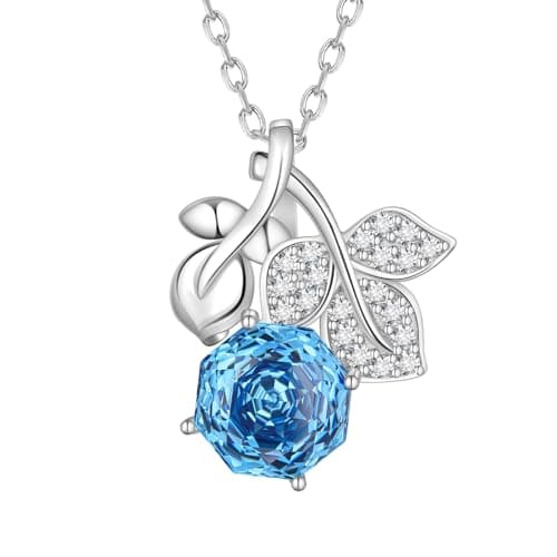 Birthstone Rose Pendant Necklace - 925 Sterling Silver Rose Cut September Sapphire Cubic Zirconia Flower Leaf Necklace Anniversary Birthday Jewelry Gift for Women Wife Mom Daughter DP0389S - Image 1