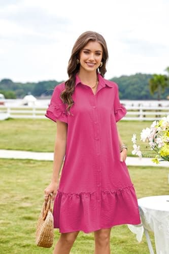 Women's Summer Dresses Casual V Neck Button Down 3/4 Sleeve Floral Print Loose Flowy Shirt Dress 06 Rose Red L - Thumbnail 4