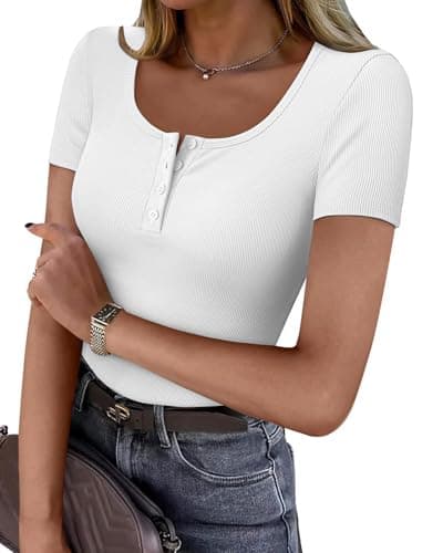 GKBK Womens White Short Sleeve Shirts Ribbed Slim Fitted Tight Henley Shirts Scoop Neck Cute Basic Tee Tshirts Spring Summer Tops 2025 Trendy White L - Image 1