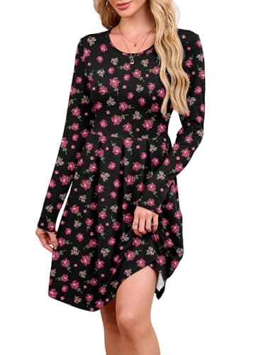 KORSIS Dresses for Women Casual Swing T-Shift Fall Long Sleeve Crewneck Pleated Babydoll High Waist Tunic Dress with Leggings Navy Blue Pink Bouquet 2XL - Image 1