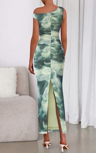 PRETTYGARDEN Women's 2026 Summer Floral One Shoulder Maxi Dress Stretch Sexy Bodycon Dress Slip Cocktail Long Dresses (Floral Grey Green, Small) - Thumbnail 5