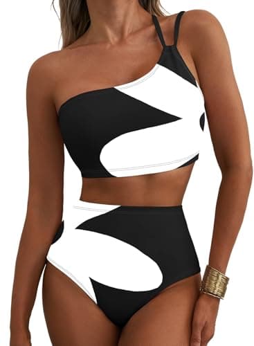 Herseas Women's One Shoulder Bikini Sets Floral Print Two Piece Swim Suits High Waisted Tummy Control Adjustable Spaghetti Straps Bathing Suit Trendy Vacation Outfits Black White Abstract X-Large - Image 1