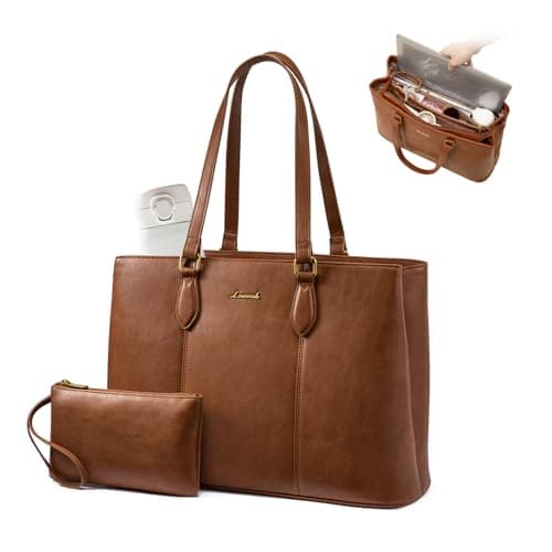 LOVEVOOK Laptop Tote Bag for Women, 15.6 Inch Vintage PU Leather Work Bag with Wristlet, Professional Computer Briefcase for Teacher,Office, Daily (Brown) - Image 1