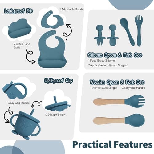 Baby Led Weaning Supplies, 17 Piece BPA-Free Silicone Feeding Set, Eating Essentials Baby Utensils with Suction Plate and Bowl, Pocket Bib, Sippy Cup with Lid, for 6+ Months, Blue - Thumbnail 4
