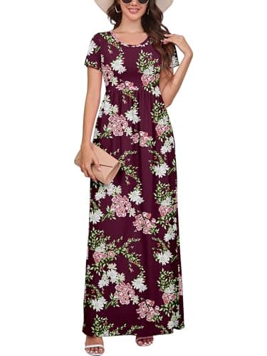 DEARCASE Maxi Dress for Women Flower Wine Red Small Crewneck Boho Short Sleeve A-line Casual Hawaiian Flowy Party Spring Summer Beach Long Dresses with Pockets - Image 1