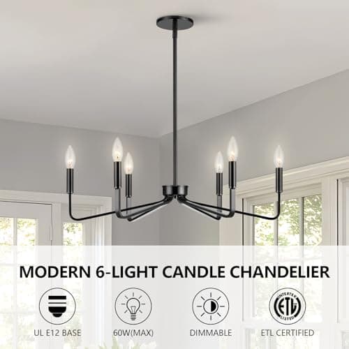 ACANER Black Chandelier for Dining Room, 6-Light Farmhouse Kitchen Light Fixtures Over Table, 26" Rustic Candle Chandelier for Bedroom, Foyer, Hall, Living Room, Entryway - Thumbnail 3