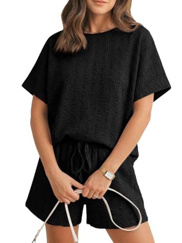 Tankaneo Womens 2 Piece Outfits Shorts Set Summer Casual Short Sleeve Crew Neck Textured T Shirts Tops Lounge Sets - Image 1