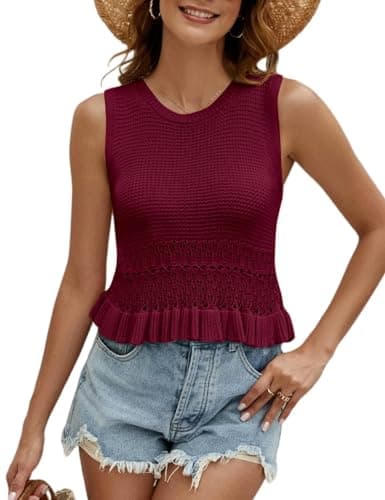 CiCiBird Women Cute Crop Sweaters Vest Knit Sleeveless Pullover Tops Crochet Ruffle Hem Tank Burgumdy S - Image 1