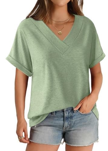 GKBK Womens Short Sleeve T Shirts V Neck Loose Fit Shirts Summer Casual Basic Tee Tops LightGreen M - Image 1