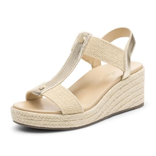 Athlefit Women's Espadrille Platform Wedge Sandals Comfortable Dressy Casual Open Toe Elastic Strap Gold Sandals with Arch Support for Summer Walking Size 9 - Image 1