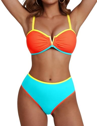 Blooming Jelly Women Bikini Sets Bathing Suit Colorblock Swimsuits Two Piece High Cut Bottom Push Up Swimwear(Orange Blue, Small) - Image 1
