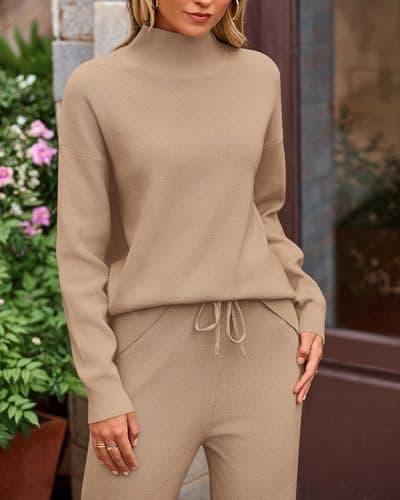 dowerme Women Spring 2 Piece Outfits 2026 Winter High Neck Sweater Sets Drawstring Wide Leg Pant Chunky Knit Lounge Set(Khaki,Large) - Thumbnail 4