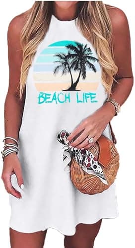 MYHALF Summer Tank Dress for Women Beach Life Sundress Sleeveless Vacation T Dresses Short Casual Coverup Dresses White - Image 1