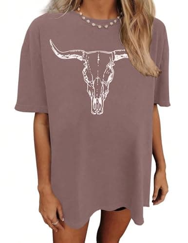 LETSEE Vintage Tees for Women Cow Skull Graphic Tshirts Oversized Loose Fit Summer Short Sleeve Tops, Brown, M - Image 1