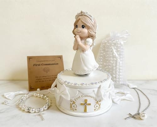 WANCHIY First Communion Gifts for Girls - 1st Holy Communion Girl Figurine with Keepsake Box & Pearl Bracelet, Religious Communion Keepsake Gift for Girls - Image 1