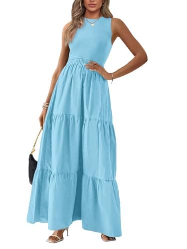 BTFBM Women Sleeveless Summer Dresses Wedding Guest Maxi Dresses Ribbed Knit Tops and Polyester Skirt with Pockets(Solid Light Blue,Medium) - Image 1