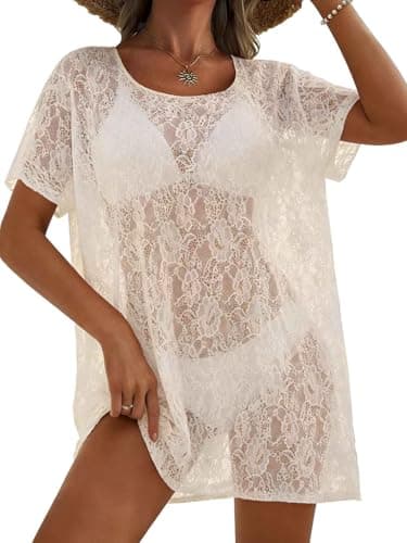 Women's Round Neck Lace Beachdress Coverup, Elegant Floral Swim Coverup, Side Slits Apricot - Image 1