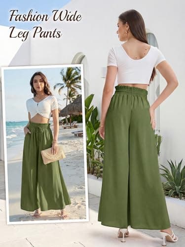 HONGTEYA Women's Summer Wide Leg Palazzo Pants (US, Alpha, Medium, Regular, Regular, Army Green) - Thumbnail 5